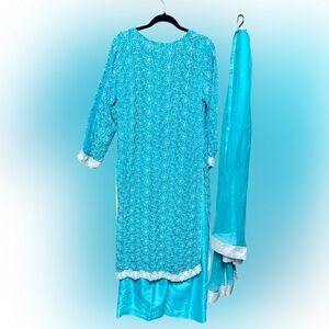 Women's 3 pcs Kurtas set Turquoise Embroidered Dress with Lace Trim